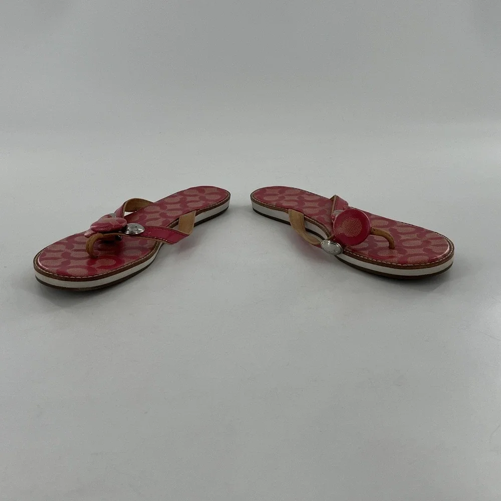 Coach Womens Signature Coated Canvas‎ Flip Flop Thong Patent Button Melon 8.5